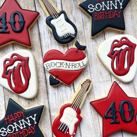 Rockin’ his way to 40 🎸 happy birthday sonny! #rockon #rock #guitar #rollingstones #rocknroll #happybirthday #40 #thisis40 | Instagram Rock And Roll Birthday Cookies, Rock And Roll Cake Pops, Rock N Roll Cookies, Rock And Roll Cookies, Rock Fest, Rock And Roll Birthday, Rolled Sugar Cookies, Roll Cookies, Roll Cake