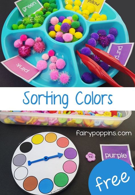 These free activities help kids learn to identify colors (colours). Both American and Australian spelling variations are included. They are great for preschool and kindergarten math centers. #coloractivities #preschoolmath #kindergartenmath #colortheme #rainbowtheme #colouractivities #finemotoractivities Color Activities For Kids, Color Activities Kindergarten, Fairy Poppins, Learning Colors Activities, Preschool Color Activities, Color Sorting Activities, Sorting Colors, Kindergarten Colors, Preschool Colors