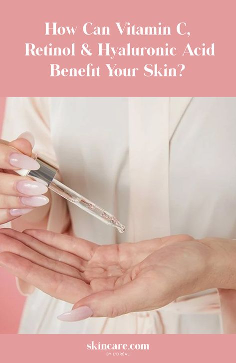 person dispensing a serum into their hand with the title "How to Combine Vitamin C, Retinol and Hyaluronic Acid in Your Skincare Routine" on a pink background Hyaluronic Acid Benefits, Skinceuticals Retinol, Vitamin C Retinol, Hydrating Face Cream, Morning Skincare, Morning Skin Care Routine, Vitamins For Skin, Anti Aging Ingredients, Hyaluronic Acid Serum