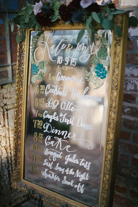 Keep your guests in the know by setting up a mirror that bears the schedule of events at the front of your venue. Mirror Wedding Signs, Wedding Mirror, Wedding Schedule, Mirror Sign, Reception Signs, Wedding Day Timeline, Wedding Timeline, Brunch Wedding, Wedding Catering