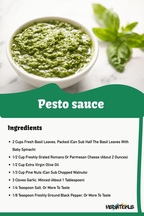 Pesto Sauce Ingredients: Fresh basil leaves, pine nuts, garlic cloves, Parmesan cheese, and extra-virgin olive oil. Aromatic and flavorful - make your own at home! 🌿🍽️ #PestoSauce #HomemadePesto How To Make Pesto Sauce, Pesto Sauce Recipe, Homemade Pesto Recipe, Homemade Pesto Sauce, Salad Recipes Healthy Easy, Culinary Cooking, Homemade Sauce Recipes, Olive Oil Recipes, Salad Dressing Recipes Homemade