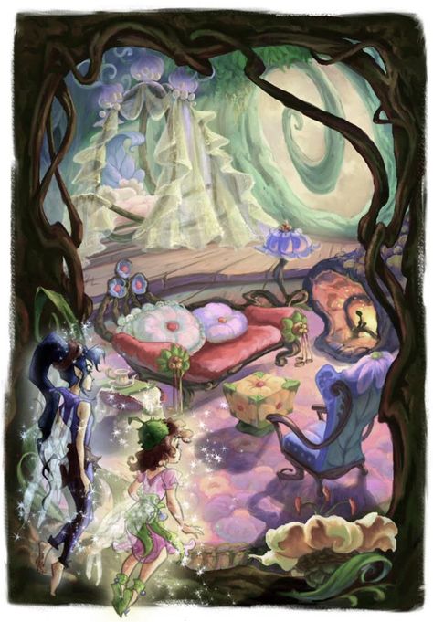 Fairy Bedroom Drawing, Fairy Room Drawing, Pixie Hollow Bedroom, Pixie Hollow Room, Fairies Bedroom, Pixie Hollow Aesthetic, Tinkerbell Room, Pixie Hollow Fairies, Queen Clarion