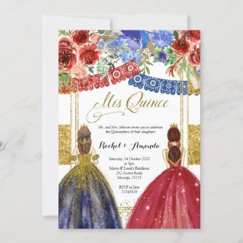 $2.55 | Elegant Twin Quinceañera Invitation Floral Gold #quinceanera #misquince #sweet15 #sweet16 #floral #quince #twin #roses #red #blue Quince Invitations For Twins, Twin Quince Invitations, Twin Quinceanera Invitations, Twins Quinceanera Ideas, Double Quinceanera Ideas, Twin Quinceanera Ideas, Twins Quinceanera, Floral Quince, Purple Quinceanera