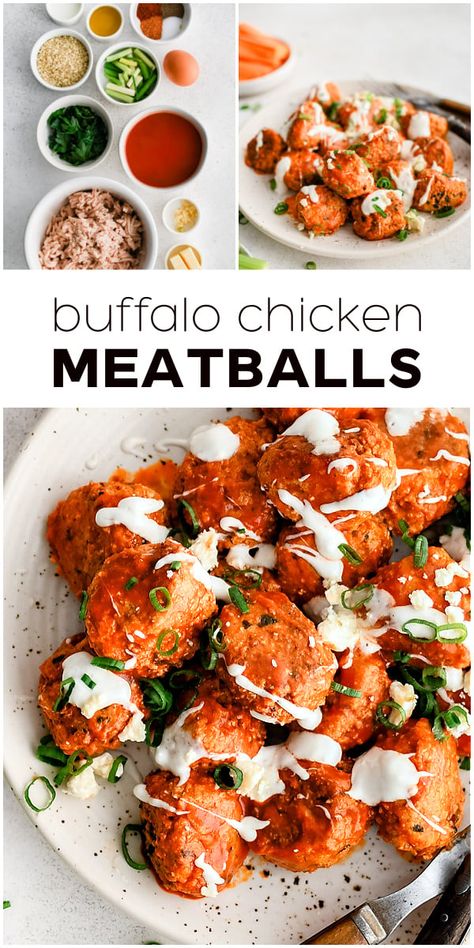 Delicious and so easy to make, these perfectly cooked Buffalo Chicken Meatballs are the ultimate party or game-day appetizer. Top them with blue cheese crumbles and a drizzle of ranch dressing for a bold, flavorful, and healthier alternative to buffalo chicken wings. Blue Cheese Crumbles, Buffalo Chicken Sliders, Buffalo Chicken Meatballs, Chicken Milk, Chicken Meatball Recipes, Homemade Buffalo Sauce, Buffalo Chicken Wings, Lamb Meatballs, Chicken Entrees