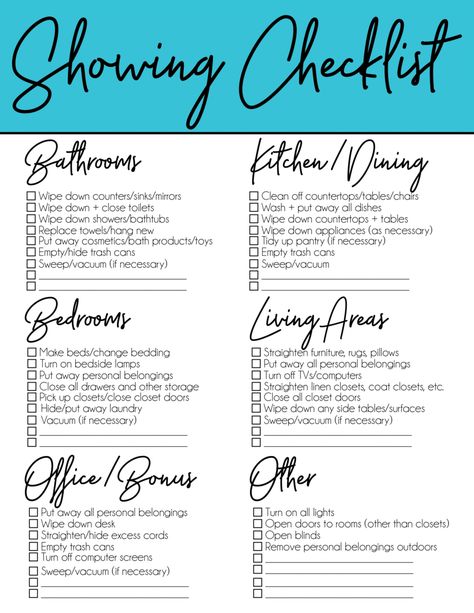 Getting ready to sell your house? Use these great tips for storage, home staging, living in the house for sale with kids, and even a printable showing checklist that’ll help you get the house ready in a moment’s notice! Tons of awesome ideas to make showing your house a bit easier! Selling House Checklist, House For Sell, House Checklist, Inmobiliaria Ideas, Real Estate Agent Marketing, Home Staging Tips, Sell My House, Sell Your House Fast, Home Buying Tips