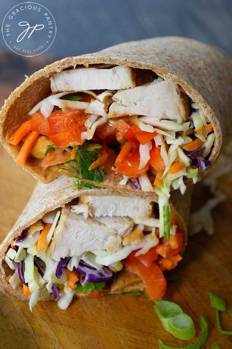 Peanut Chicken Wraps, Thai Peanut Chicken Wrap, Thai Chicken Wraps, Wraps Recipes Healthy, Miso Chicken, Chicken Roll Ups, Thai Peanut Chicken, Gluten Free Wraps, Chicken Wrap Recipes