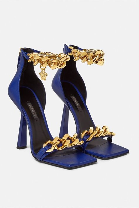 VERSACE Medusa Sandals in Blue FW21/22 Collection Versace Heels, Heel Sandals For Women, Fashion Shoes Heels, Ankle Sandals, Versace Shoes, Aesthetic Shoes, Luxury Collection, Fabulous Shoes, Fashion Heels