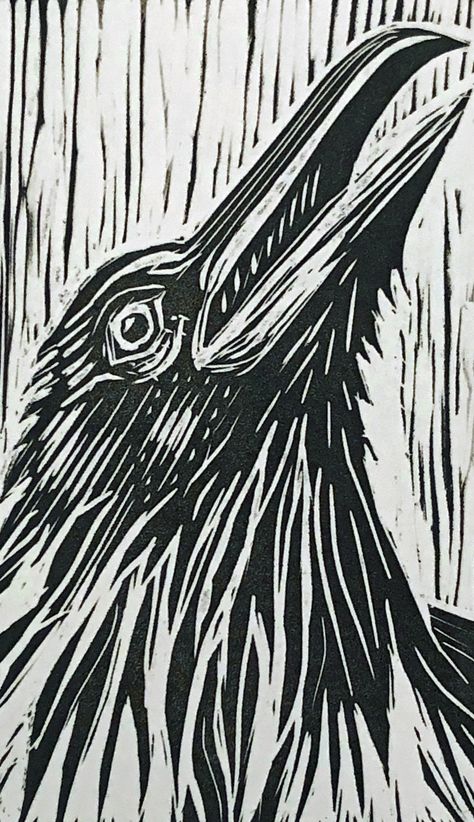 original art, commission, linocut print, comes in black, blue or gold, fine art, woman artist, Illustrator Brushes, Linoleum Print, Lino Art, Linocut Printmaking, Crow Art, Raven Art, Linocut Art, Printmaking Art, Exotic Bird