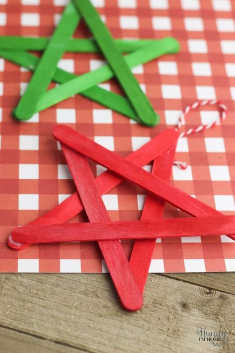 Stick Ornaments Diy, Popsicle Stick Star, Preschool Christmas Ornaments, Stick Ornaments, Popsicle Stick Ornaments, Ornaments Simple, Popsicle Stick Christmas Crafts, Summer Homework, Popsicle Art