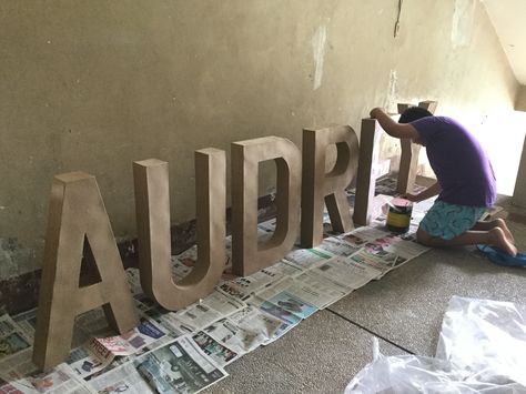 Painting a big AUDREY letter standee for her bday Number Standee, Letter Standee, Carton Design, Curly Fro, Big Letters, 3d Letters, Mamma Mia, Unicorn Party, Letters And Numbers