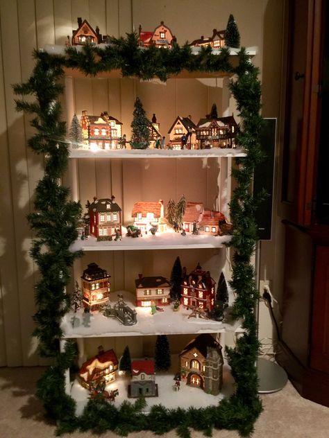 Christmas Village Scene Display, Christmas Village Display Stand, Xmas Village Display Ideas Diy, Christmas Village Shelf, Dickens Village Display, Holiday Village Display, Christmas Nativity Scene Display, Christmas Tree Village Display, Christmas Decorations Apartment