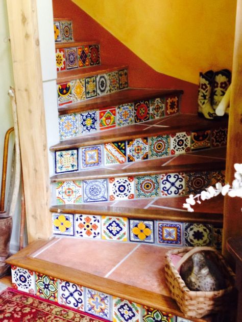 Mosaic Tiles Stairs, Mexican Tile Aesthetic, Stairs With Tile, Colorful Mexican House, Mexican Houses Interior, Mosaic Stairs, Content House, California Craftsman, Future Bedroom Ideas