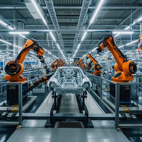 Robotic Assembly Line: Advanced robots meticulously work on assembling a car chassis on a modern automotive production line. #robotics #automation #industry #manufacturing #assembly #technology #machinery #precision #aiart #aiphoto #stockcake https://ayr.app/l/Fvyo Industrial Automation Technology, Factory Photography, Car Manufacturing, Car Factory, Learn Robotics, Robotic Automation, Factory Architecture, Modern Factory, Robotics Engineering