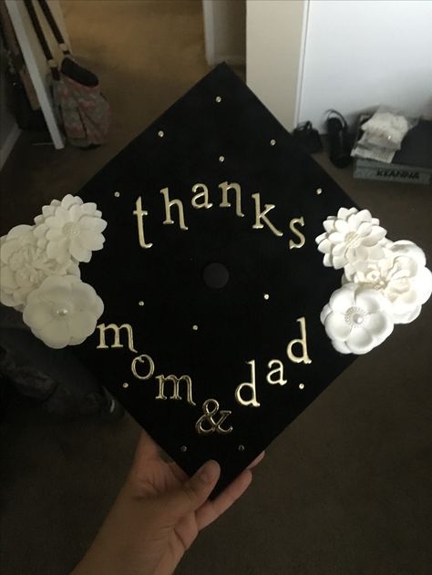 Grad cap - thanks mom and dad Thanks Mom And Dad Graduation Cap, Dad Graduation Cap, Nurse Graduation Cap, Grad Caps, Cap Decoration, Cap Ideas, Thanks Mom, Nurse Graduation, Graduation Cap Decoration