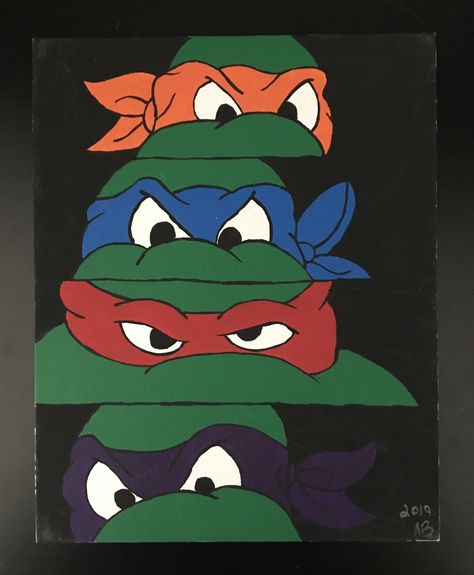 I drew out the ninja turtles after separating the canvas into 4 parts. I then painted the turtles and once they were done, I outlined whatever I could with black paint. Acrylic Superhero Painting Ideas, Ninja Turtles Canvas Painting, Ninja Turtle Painting, Ninja Turtles Painting, Oil Markers, Superhero Painting, Ninja Turtle Drawing, Flower Wall Painting, Letter Painting