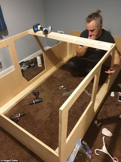 Parents build Jeep bed for son with scrap parts for £200 | Daily Mail Online Car Bed Frame, Jeep Bed, Built Jeep, Bed On The Floor, Diy Jeep, Diy Kids Furniture, Car Bed, Bed Dimensions, Floor Bed