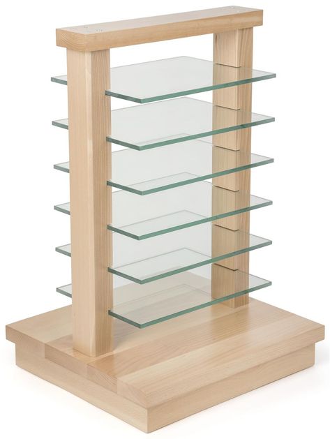 Buy this wood post display gondola for a high-end countertop or floor standing centerpiece. At Displays2go we carry retail fixtures for every style. Racks Design Display, Visual Merchandising Displays Retail, Glass Display Shelves, Store Display Design, Diy Shelf Brackets, Wine Glass Shelf, Glass Shelves In Bathroom, Glass Shelves Decor, Store Shelves Design