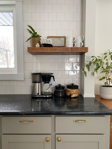 Our Kitchen Reveal!!! — our hideaway home Black Kitchen Countertops Color Combos, Kitchen Black Counter, Give Me A Minute, Black Granite Kitchen, Black Kitchen Countertops, Taupe Kitchen, Kitchen Countertops Laminate, Wood Cabin, Black Granite Countertops