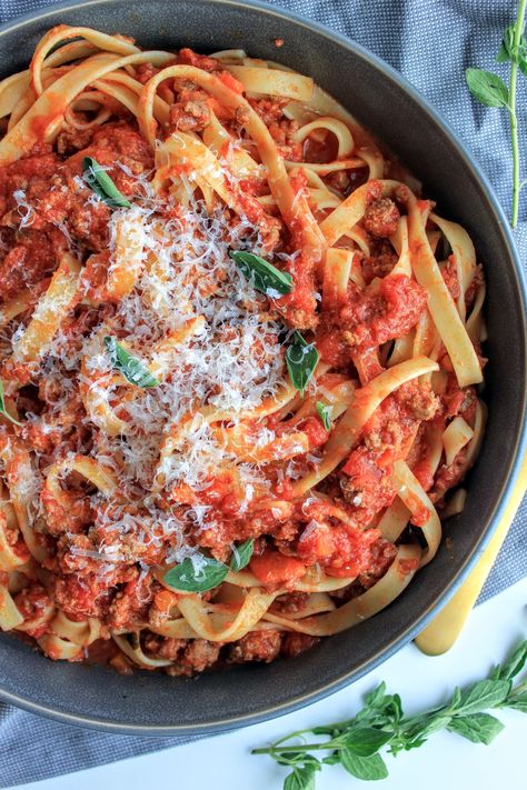 Lamb Bolognese, San Marzano Tomatoes, Romantic Meals, Seared Steak, Ground Lamb, Bolognese Sauce, Fresh Oregano, Noodle Recipes, Sweet Onion