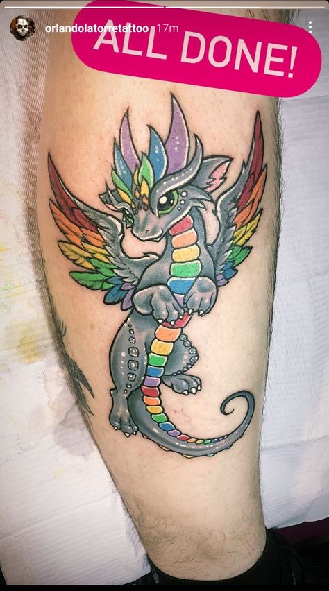 Dragon Rainbow Pride Rainbow Wings Tattoo, Butterfly Dragon Tattoo, Rainbow Dragon Tattoo, New School Dragon Tattoo, Bright Colorful Tattoos, Care Bear Tattoos, Horse Shoe Tattoo, Pride Tattoo, Rainbow Dragon