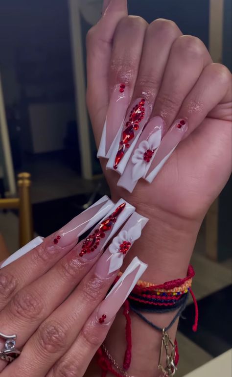 Xl Red Acrylic Nails, Red Freestyle Nails, Acrylic Nails Aesthetic, Red Long Nails, Red Bottom Nails, Long French Tip Nails, Xl Nails, Nails Painting, French Tip Gel Nails