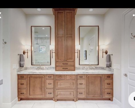 Double Vanity Linen Tower, Bathroom Vanity Middle Tower, Double Bathroom Vanity With Storage Tower, Updated Jack And Jill Bathroom, Primary Bathroom Cabinet Ideas, Split Vanity With Linen Cabinet, Double Vanity With Linen Cabinet In Middle, Vanity With Linen Cabinet In Middle, 7 Foot Bathroom Vanity