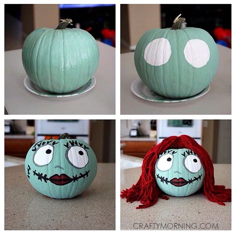 sally-skellington-nightmare-before-christmas-pumpkin Painted Pumpkin Ideas, Pumkin Decoration, Nightmare Before Christmas Pumpkin, Pumpkin Decorating Ideas, Creative Pumpkin Painting, Creative Pumpkin Decorating, Character Pumpkins, Sally Skellington, Crafty Morning