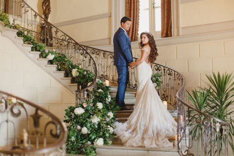 bride and groom Bride Staircase Photography, Bride And Groom Staircase, Bride And Groom Staircase Photos, Bride On Staircase, Fairytale Wedding Photoshoot, Staircase Couple Photoshoot, Castle Wedding Photography, Staircase Wedding Photos, Oheka Castle Wedding