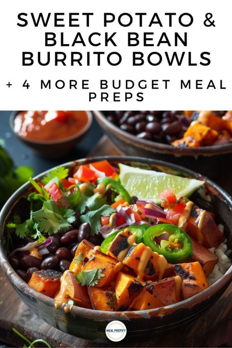 A colorful burrito bowl filled with roasted sweet potatoes, black beans, and fresh toppings, great for Budget Meal Prep Sweet Potato Bowl Meal Prep, High Protein Bean Burrito, Sweet Potato Burrito Bowl, Potato Burrito Bowl, Meal Prep Sweet Potatoes, Potato Burrito, Sweet Potato Burrito, Budget Meal Prep, Black Bean Burrito