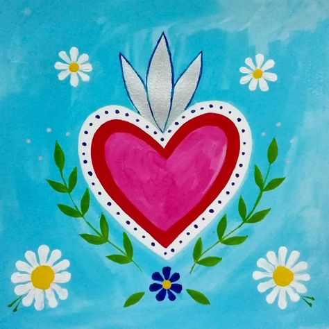 Painting Ideas Mexican, Mexican Paintings Ideas Easy, Mexican Paintings Ideas, Mexican Folk Art Painting, Sacred Heart Art, Hamsa Art, Mexican Paintings, Mexican Art Tattoos, Mexican Crafts