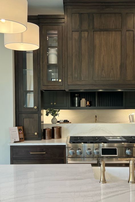 Cabinet Trend: Dark Wood Dark Walnut Kitchen Cabinets Modern, Dark Stain Cabinets, Modern Brown Kitchen, Dark Stained Kitchen Cabinets, Dark Walnut Kitchen Cabinets, Kitchen Dark Cabinets, Walnut Kitchen Cabinets, Cabinet Trends, Dark Counters