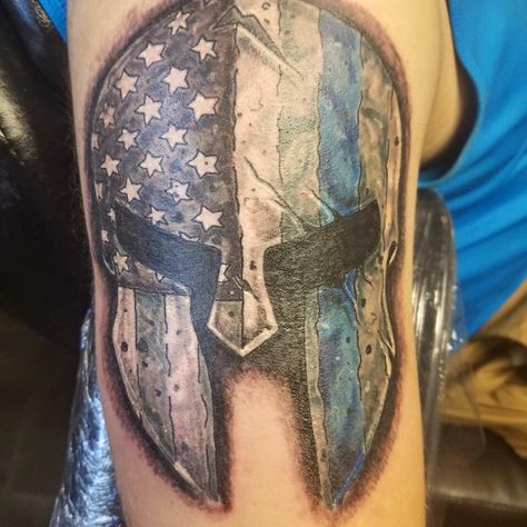 Law Enforcement Tattoo idea                                                                                                                                                      More Cop Tattoo Ideas Law Enforcement, Gladiator Tattoos, Law Enforcement Tattoos, Spartan Tattoos, Mystic Tattoo, Spartan Helmet Tattoo, Ironman Tattoo, Police Tattoo, Shoulder Armor Tattoo