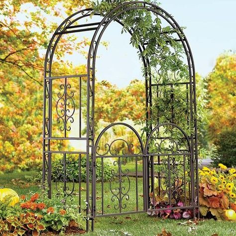 Sol 72 Outdoor The Devore garden arbour is beautifully crafted with intricate scroll work that will bring style to your garden even without a flowering display. The design is reminiscent of the ornate wrought-iron designs that adorn the windows and gates of Turkish homes.This square tubular iron arch has rustproof stainless hardware and the best-quality, burnished gunmetal finish. The Devore garden arbour comes with 18cm ground stakes to ensure stability. Easy assembly required. Pergola Vines, Arbor With Gate, Garden Arbor With Gate, Pergola Plans Roofs, Arbor Gate, Pergola Metal, Metal Arbor, Pergola Diy, Arbors Trellis