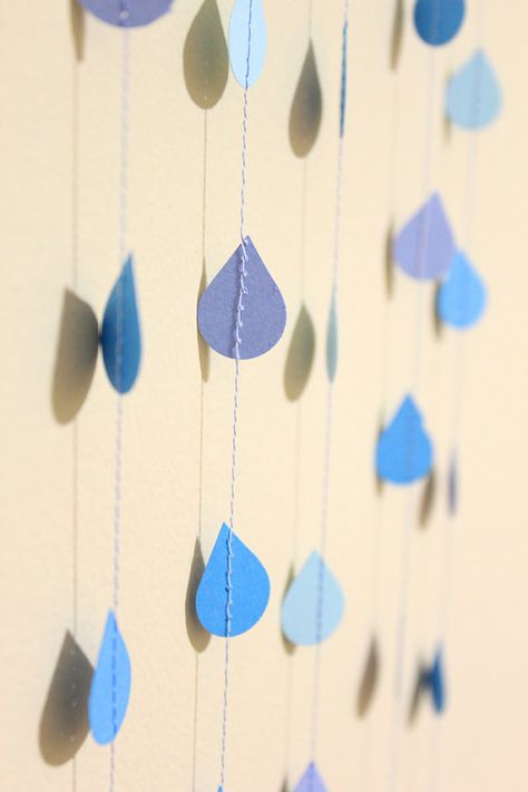 Raindrop garland via oh, hello friend: you are loved.: collection / raindrops: Rain Drop Suncatcher, Paper Garland Backdrop, Raindrop Garland, Raindrop Baby Shower, Rain Baby Showers, Whimsy Decor, Paper Clouds, Gifts Table, Garland Backdrops