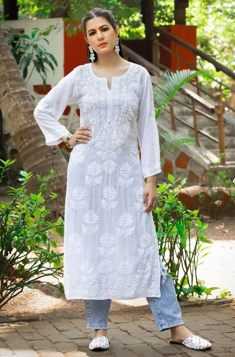 "\"Authentically Handcrafted Pure Chikankari Art On Pure Fabric - straight modal chikankari kurta floral chikankari work - White    Fabric - Modal Sleeves - 17-18 Inches Kurti Length - 44 inches. Work - Handwork. Style - Straight Kurti. Occasions - Party Wear / Office Wear/ Festive Wear. Garment Care - Hand Wash Only. Price Includes - Only Kurti.\"" White Chikenwork Kurti Outfit, White Chicken Kurti Designs With Jeans, White Kurti Designs Latest, White Kurti Outfit Jeans, White Chikankari Kurta Styling, White Chikankari Kurta With Jeans, Chikankari Kurta With Jeans, White Kurti Styling Ideas, Chikenwork Kurti Design