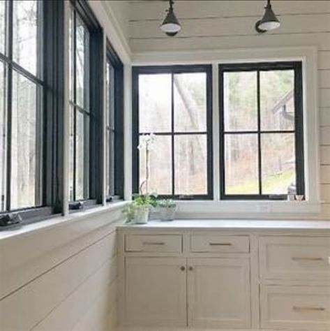 Windows Black Window Trims, Frame Windows, Marble Counters, Black Window Frames, Dark Windows, Modern Farmhouse Home, Farmhouse Windows, Interior Windows, White Windows