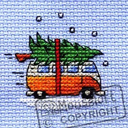 Mouseloft Mini Cross Stitch Card Kit - VW Camper Van Collecting Tree , Christmas Collection Expensive Life, Cross Stitch Christmas Cards, Xmas Cross Stitch, Small Cross Stitch, Mini Cross Stitch, Needlework Embroidery, Cross Stitch Cards, Cross Stitch Patterns Christmas, Vw Camper