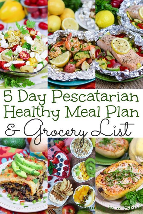 5 Day Pescatarian Meal Plan including Shopping Lists. A weekly meal plan for healthy and easy plant based breakfast, lunch and dinner recipes to make including a grocery list. Good mix of seafood /fish and vegetarian recipes. / Running in a Skirt #pescatarian #healthyliving #flexitarian #plantbased #mealplanning #mealplan #grocerylist via @juliewunder Macro Friendly Pescatarian Recipes, Pescatarian Shopping List, Pescatarian Bowls, Pescatarian Grocery List, Pescatarian Recipes Breakfast, Pescatarian Breakfast, Pescatarian Meal Plan, Pescatarian Recipes Healthy, Pescatarian Lifestyle