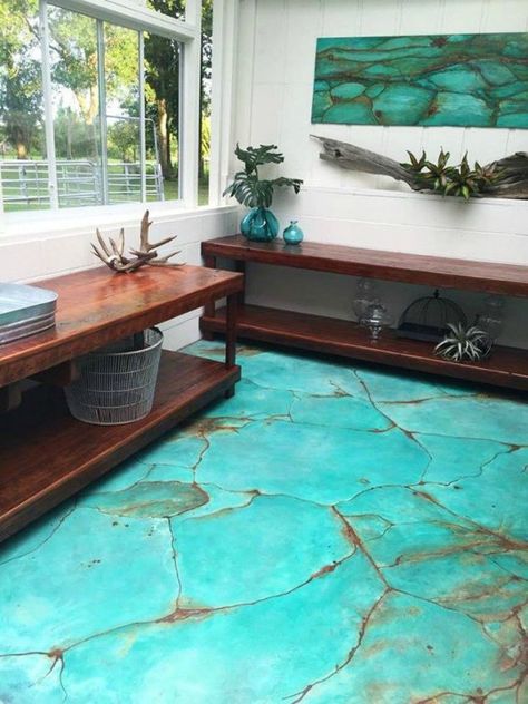 You'll wish you had a concrete floor when you see these stunning transformations Beach Basement, Stenciled Floors, Decorative Concrete Floors, Pub Ideas, Patio Floor, Floor Makeover, Decoration Beton, Painted Concrete Floors, Patina Paint