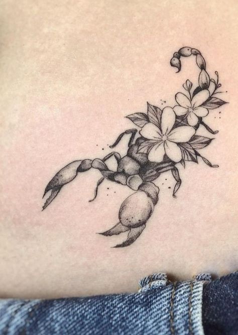 Scorpion And Flower Tattoo Design, Scorpion Floral Tattoo Design, Scorpion Flower Tattoo Design, Scorpion Tatoos Girly, Floral Scorpion Tattoo, Scorpion Tattoo With Flowers, Flower Scorpion Tattoo, Scorpion And Flower Tattoo, Feminine Scorpion Tattoo Ideas