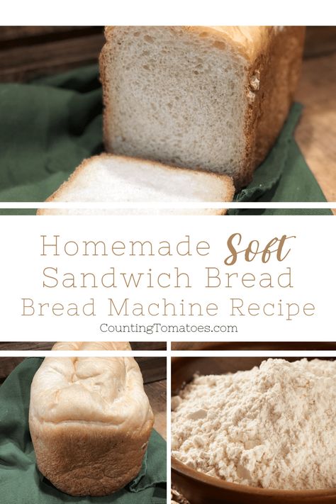 The best Homemade Soft Sandwich Bread recipe. This recipe is delicious, simple and easy to make in your bread machine! Only 5 ingredients!   #homemadebread #sandwichbread #countingtomatoes Sandwich Bread In Bread Machine, Bread Maker Sandwich Bread Recipe, Sandwich Bread Machine Recipes, Breadmaker Sandwich Bread, Soft Sandwich Bread Recipe Bread Machine, Neretva Bread Machine, Sandwich Bread Recipe Machine, 1.5 Lb Bread Machine Recipe, Soft Bread Machine Bread