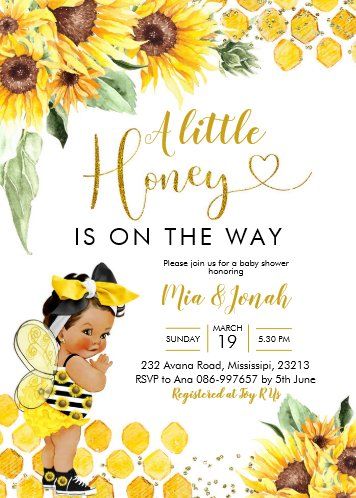 Invitación a Baby Shower de Sunflower Blonde Bee | Zazzle.com Bee And Sunflower Baby Shower Theme, Bees And Sunflowers Baby Shower Theme, Sunflower And Bee Baby Shower Ideas, A Little Honey Is On The Way, Sunflower Baby Shower Ideas Girl, Sunflower Baby Shower Ideas, Bee Shower Theme, Sunflower Blonde, Honey Bee Baby Shower Invitations