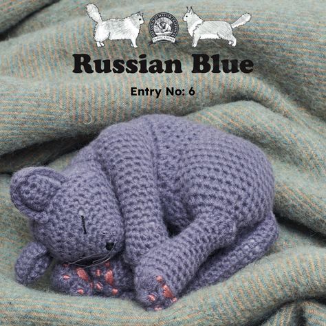 Russian Blues are plush short-haired, shimmering pale blue-gray cats with emerald green eyes. This little chap is sleeping all tucked up on a blanket... look at those cute pink paw pads. Learn how to make this cat in Crocheted Cats by Vanessa Mooncie. Find out more on our website. #VanessaMooncie #CrochetedCats #Crochet #Learn #How #To #CrochetBooks #Book #Patterns #Projects #Create #Instructions #Stepbystep Crochet Cat Laying Down, Laying Down Cat Crochet Pattern, Sleeping Cat Crochet Pattern, Crochet Sitting Cat, Cat Plush Crochet Pattern, Crochet Cat Plush, Russian Blues, Emerald Green Eyes, Gray Cats