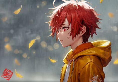 orange hoodie , red hair , red eyes , anime style Red Hair Red Eyes Anime, Red Hair Red Eyes, Red Eyes Anime, Red Hair Anime Guy, Red Hair With Bangs, Red Hair Boy, Male Pfp, Red Hair Men, Dark Red Hair