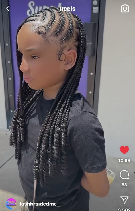 Back To School Hairstyles For 5th Grade, Box Braids And Cornrows Hairstyles, Back To School Hair Styles Black Kids, Hair Ideas For School Braids, Kids Stitch Braids Hairstyles, Back To School Braids Hairstyles For Kids, Cute Kid Hairstyles Braided, Middle School Braided Hairstyles Black, Knotless Box Braids With Cornrows Top