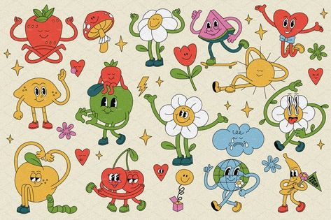 Fruit Planet, Retro Stickers, Cherry Apple, Fruit Cartoon, Stickers Cartoon, Plakat Design, 캐릭터 드로잉, Retro Cartoons, Mascot Design