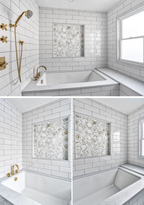 In this modern bathroom, a large undermount style soaking tub is surrounded by a Calacatta marble deck and bench. The accent tile niche breaks up the strong lines of the oversize subway tile surround, and has subtle glints of gold that pick up on the finish of the brass faucets and the hints of gold in the marble. #ModernBathroom #WhiteBathroom #UndermountBathtub #BathroomDesign Herringbone Shower Niche, Niche Design Wall Bathroom, Niche Design Wall, Niches Design, Shower Niche Ideas, Tile Niche, Wall Niches, Shelf Designs, Brass Faucets