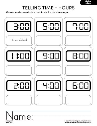 Many students may find it easier to tell time on a digital clock as they see a digital format on most items around them. This worksheet asks kids to convert time from digital to analog (o'clock) format. Printing options: color lines and black lines. Recommended Workbook Telling Time Digital Clock, Digital Time Worksheets, Analog Clock Printable, What Time Is It Worksheet For Kids, Clock Worksheets, Clock Printable, Telling Time Practice, Telling Time Worksheets, Learn To Tell Time