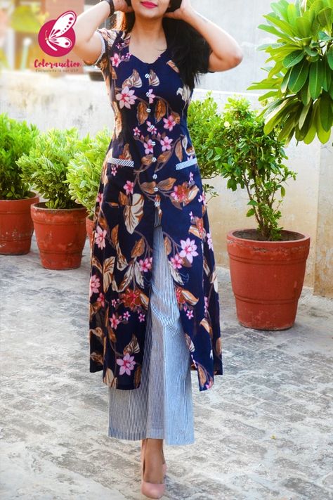 Navy Blue & White Printed Floral Cotton Kurti Set White Cotton Kurti, Cotton Kurti Set, Office Wear Dresses, Set Kurti, Kanjivaram Sarees Silk, Kurti Sets, Long Kurti, Sarees Silk, Long Kurti Designs