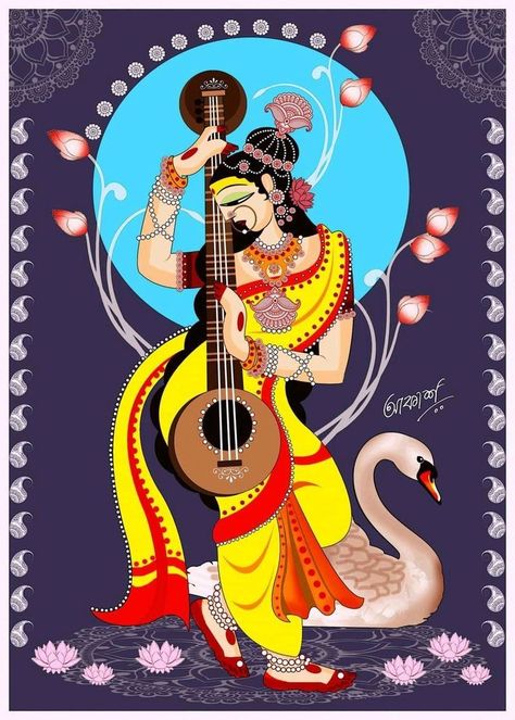 Saraswati Modern Art, Saraswati Puja Painting, Maa Saraswati Madhubani Painting, Saraswati Goddess Paintings Abstract, Saraswati Painting, Word Tattoo Ideas, Canvas Art Painting Abstract, Gond Painting, Word Tattoo